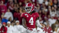 Alabama wide receiver Jerry Jeudy (4) during the first half of an NCAA college football game against Tennessee, Saturday, Oct. 19, 2019, in Tuscaloosa, Ala. (AP Photo/Vasha Hunt)