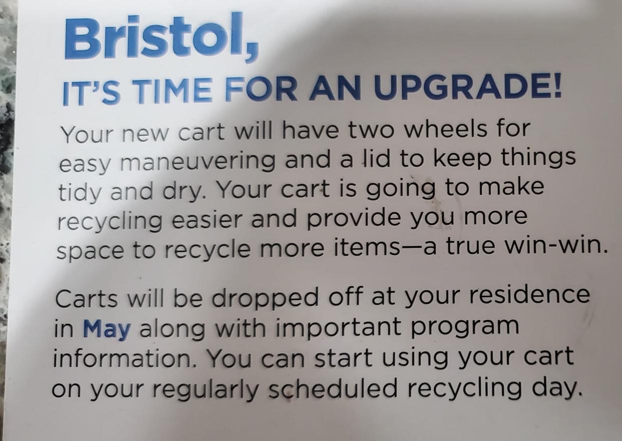 Residents in Bristol Borough received flyers informing them of new recycling carts to be delivered all over town in May 2024.
