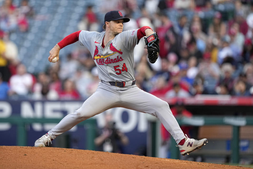 St. Louis Cardinals starting pitcher Sonny Gray throws to the plate during the first inning of a baseball game against the Los Angeles Angels Tuesday, May 14, 2024, in Anaheim, Calif. (AP Photo/Mark J. Terrill)