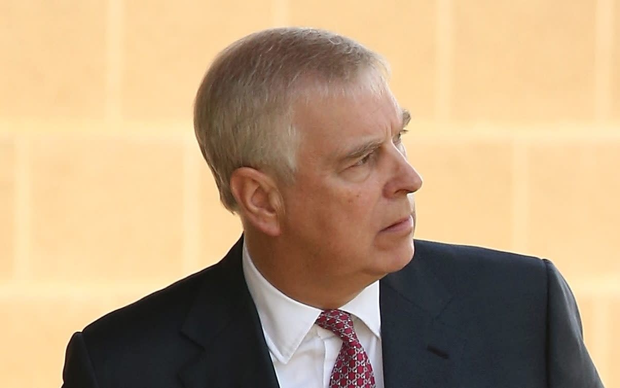 PERTH, AUSTRALIA - OCTOBER 02: Prince Andrew looks on after being greeted by Professor Romy Lawson, Provost of Murdoch University on arrival at Murdoch University on October 02, 2019 in Perth, Australia. The Duke of York is on a working visit to Perth hosting events as part of Pitch@Palace Australia 3.0, aimed to encourage and support entrepreneurship in Australia, and provide international support and development opportunities for early-stage businesses.  - Paul Kane/Getty Images
