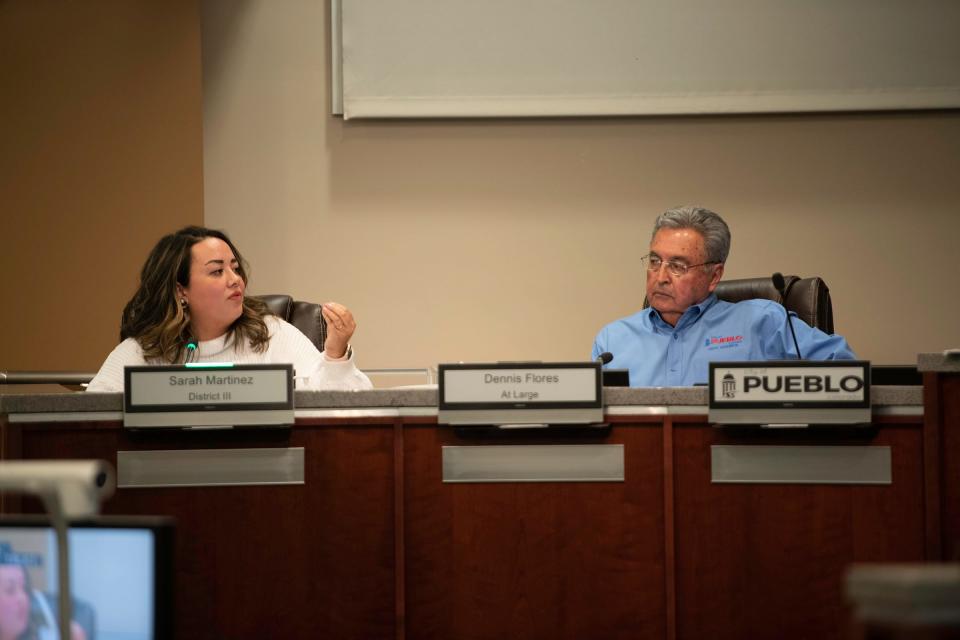 Pueblo city councilors Sarah Martinez, left, and Dennis Flores during a meeting to fill the vacant council seat.
