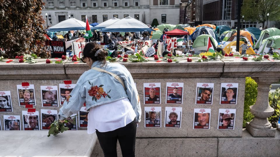 People set up a makeshift memorial for the Jewish hostages taken by Hamas on October 7, 2023 at Columbia University as students maintain an ongoing pro-Palestinian encampment on their campus on April 23, 2024 in New York City. - Stephanie Keith/Getty Images