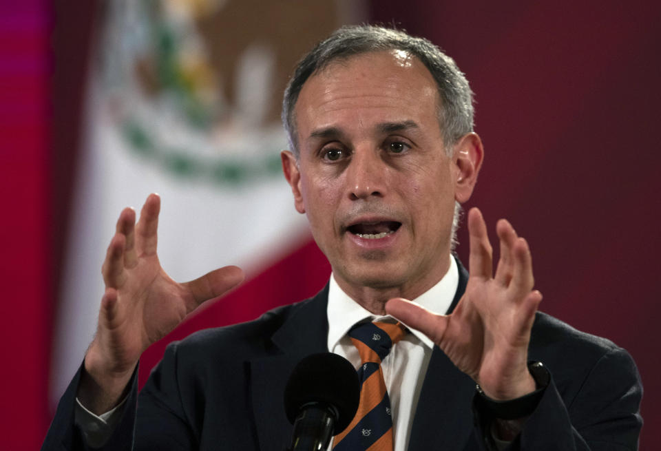 FILE - In this July 13, 2020 file photo, Assistant Health Secretary Hugo Lopez-Gatell speaks during a press conference at the Palacio Nacional in Mexico City. Lopez Gatell, the official leading Mexico’s response to the new coronavirus pandemic, tweeted Saturday, Feb. 20, 2021, that he had light symptoms of COVID-19 on Friday night and an antigen test came out positive. (AP Photo/Marco Ugarte, File)