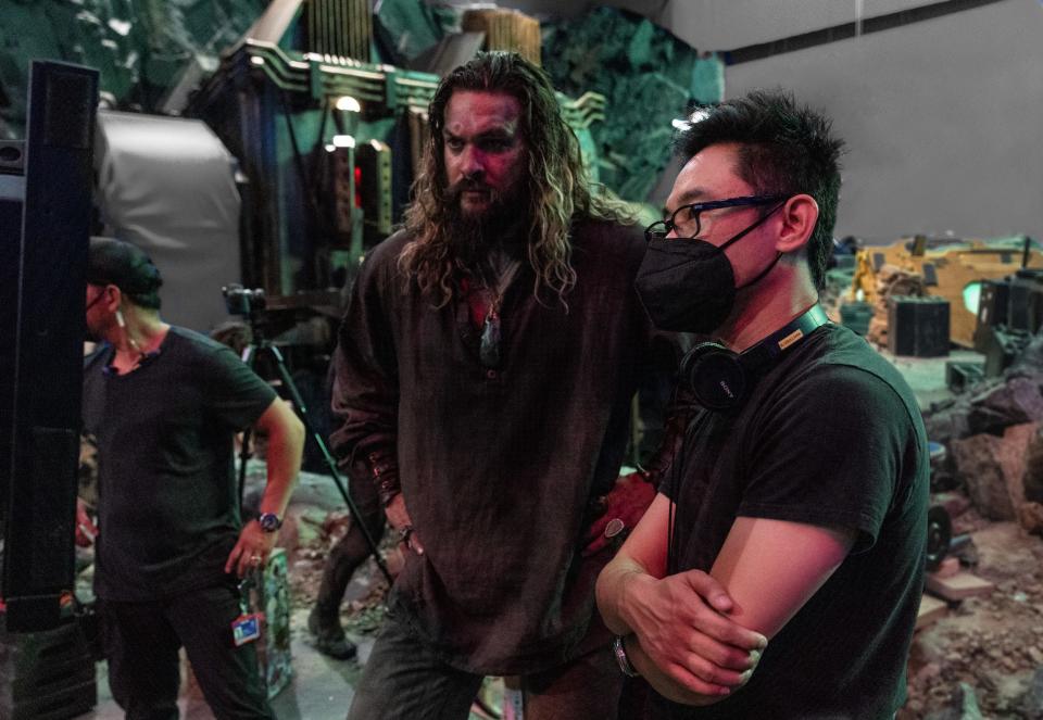 Jason Momoa and director James Wan on the set of "Aquaman and the Lost Kingdom."