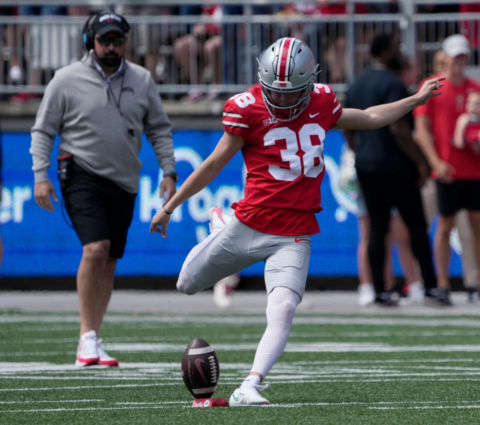 April 15, 2023; Columbus, Ohio, USA;  Kicker Jayden Fielding (38) kicks off the first quarter of the Ohio State spring football game Saturday at Ohio Stadium.Mandatory Credit: Barbara J. Perenic/Columbus Dispatch