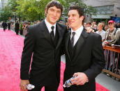 <p>Alexander Ovechkin (L) of the Washington Capitals and Sidney Crosby of the Pittsburgh Penguins arrive to the the NHL TV Awards Show at the Westin Grand on June 22, 2006 in Vancouver, Canada. (Photo by Jeff Vinnick/Getty Images) </p>