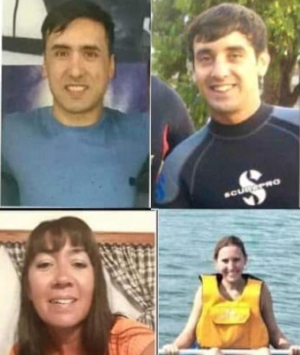 Arriba, el concejal de Gobernador Gregores Daniel Barría, que falleció, y su hermano, Javier, que aún es buscado en las aguas heladas; abajo, Elsa Martínez y Marianella Boseo, también fallecidas en el naufragio en el Lago Cardiel, de Santa Cruz