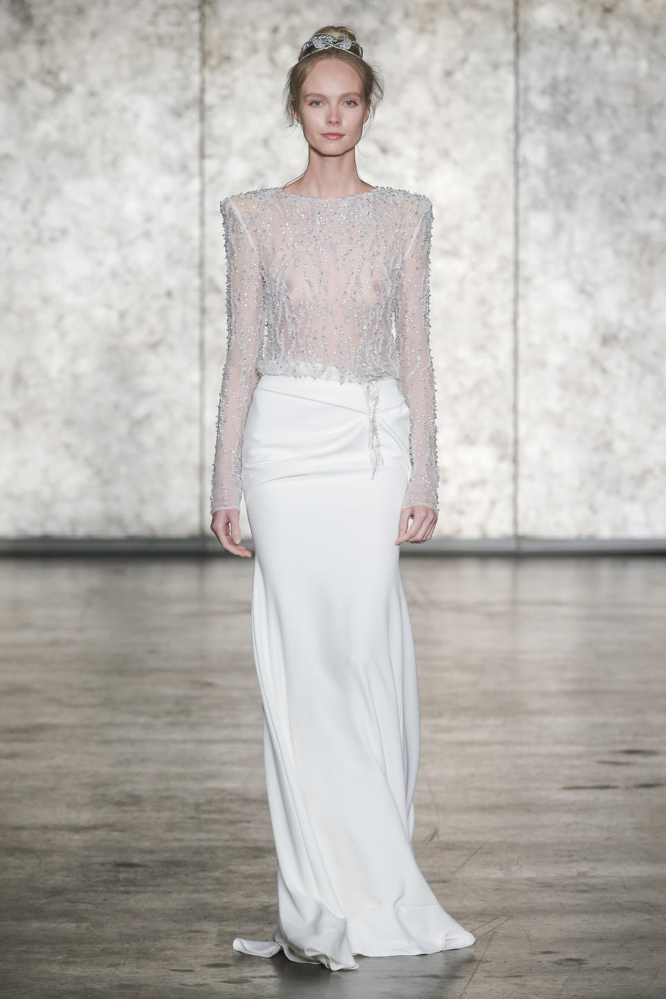 <p>Sheer crystal-encrusted top and white maxi skirt. (Photo: Dan Lecca) </p>