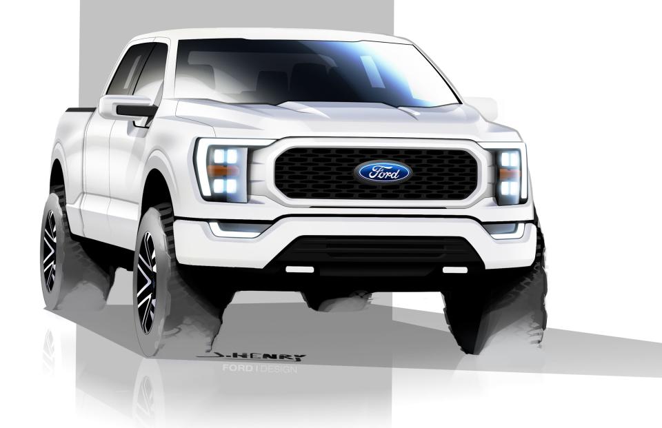 A sketch of the 2021 Ford F-150 drawn by Josh Henry, Ford's senior designer. This image, drawn in 2017, is the final design.