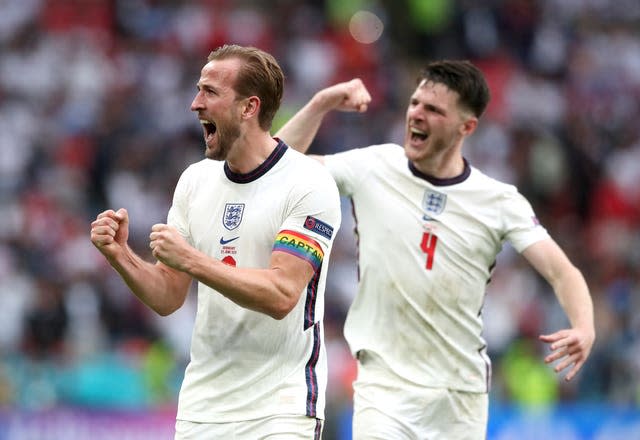 England’s Harry Kane (left) and Declan Rice celebrate after the Euro 2020 win over Germany