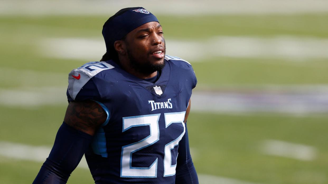 Mandatory Credit: Photo by Wade Payne/AP/Shutterstock (11702085dy)Tennessee Titans running back Derrick Henry (22) walks on the sideline in the first half of an NFL wild-card playoff football game against the Baltimore Ravens, in Nashville, TennRavens Titans Football, Nashville, United States - 10 Jan 2021.