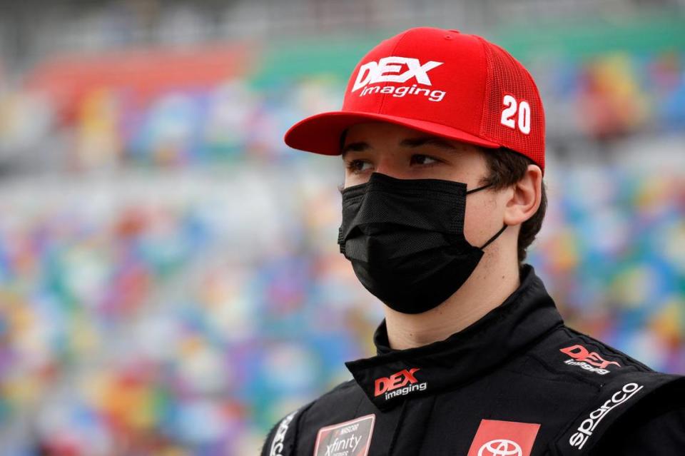 Harrison Burton, driver of the #20 DEX Imaging Toyota, waits on the grid prior to the NASCAR Xfinity Series Beef. It’s What’s For Dinner. 300 at Daytona International Speedway on February 13, 2021 in Daytona Beach, Fla.