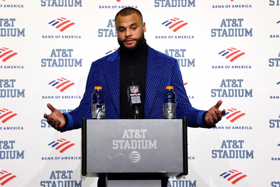Dak Prescott speaks during a press conference following the Dallas Cowboys&#39; playoff loss to the San Francisco 49ers.