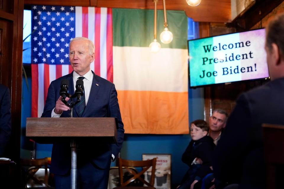 President Joe Biden speaks at the Windsor Bar and Restaurant in Dundalk, Ireland, Wednesday, April 12, 2023. (AP Photo/Patrick Semansky)