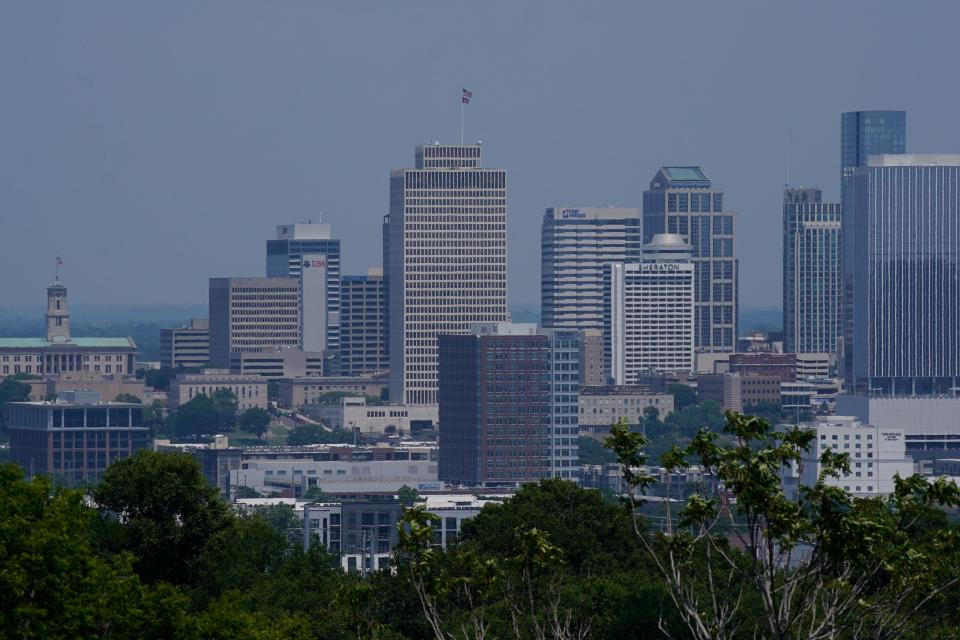 A hazy downtown Nashville in 90-degree temperatures Tuesday, June 27, 2023.