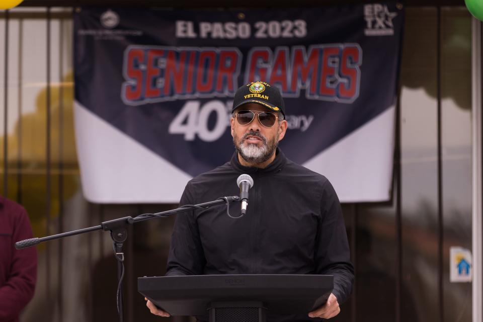 El Paso City Manager Tommy Gonzalez speaks before lighting the 40th anniversary of the El Paso Senior Games torch on Saturday at the Polly Harris Senior Center in West El Paso.
