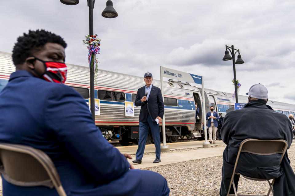 Democratic presidential candidate former Vice President Joe Biden speaks at Amtrak's Alliance Train Station, Wednesday, Sept. 30, 2020, in Alliance, Ohio. Biden is on a train tour through Ohio and Pennsylvania today. (AP Photo/Andrew Harnik)