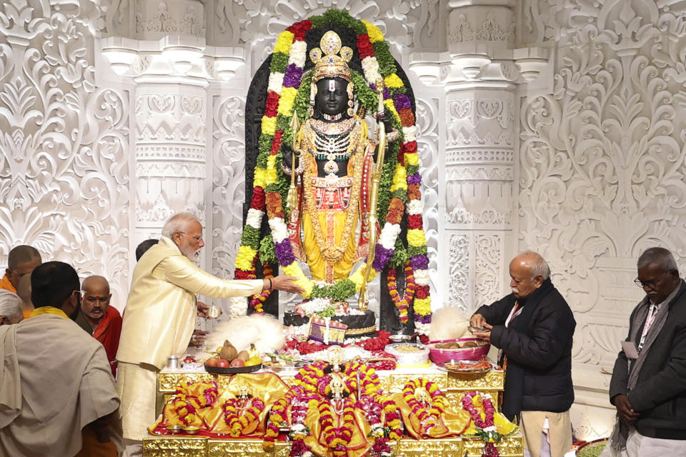 In this photograph released by Indian Government Press Information Bureau, Indian Prime Minister, performs rituals during the opening of a temple dedicated to Hinduism’s Lord Ram in Ayodhya, India, Monday, Jan. 22, 2024. (Press Information Bureau via AP)