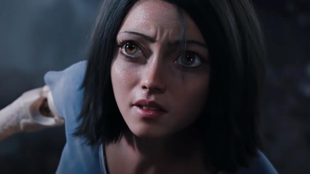  Alita looking determined before a fight in Alita: Battle Angel. 