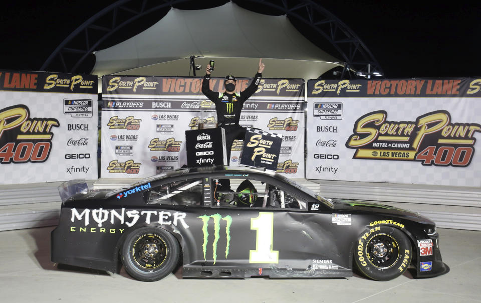 Kurt Busch celebrates after winning a NASCAR Cup Series auto race, Sunday, Sept. 27, 2020, in Las Vegas. (AP Photo/Isaac Brekken)