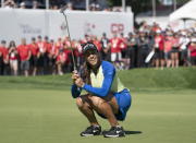 Paula Reto, of South Africa, reacts to a missed putt on the 18th hole during the Canadian Pacific Women's Open golf tournament in Ottawa, on Sunday, Aug. 28, 2022. (Adrian Wyld/The Canadian Press via AP)