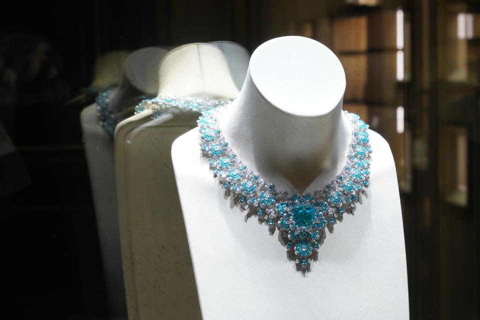 Necklace from the “Haute Joaillerie Collection” featuring Paraiba tourmalines, diamonds, white gold and titanium.<br> 