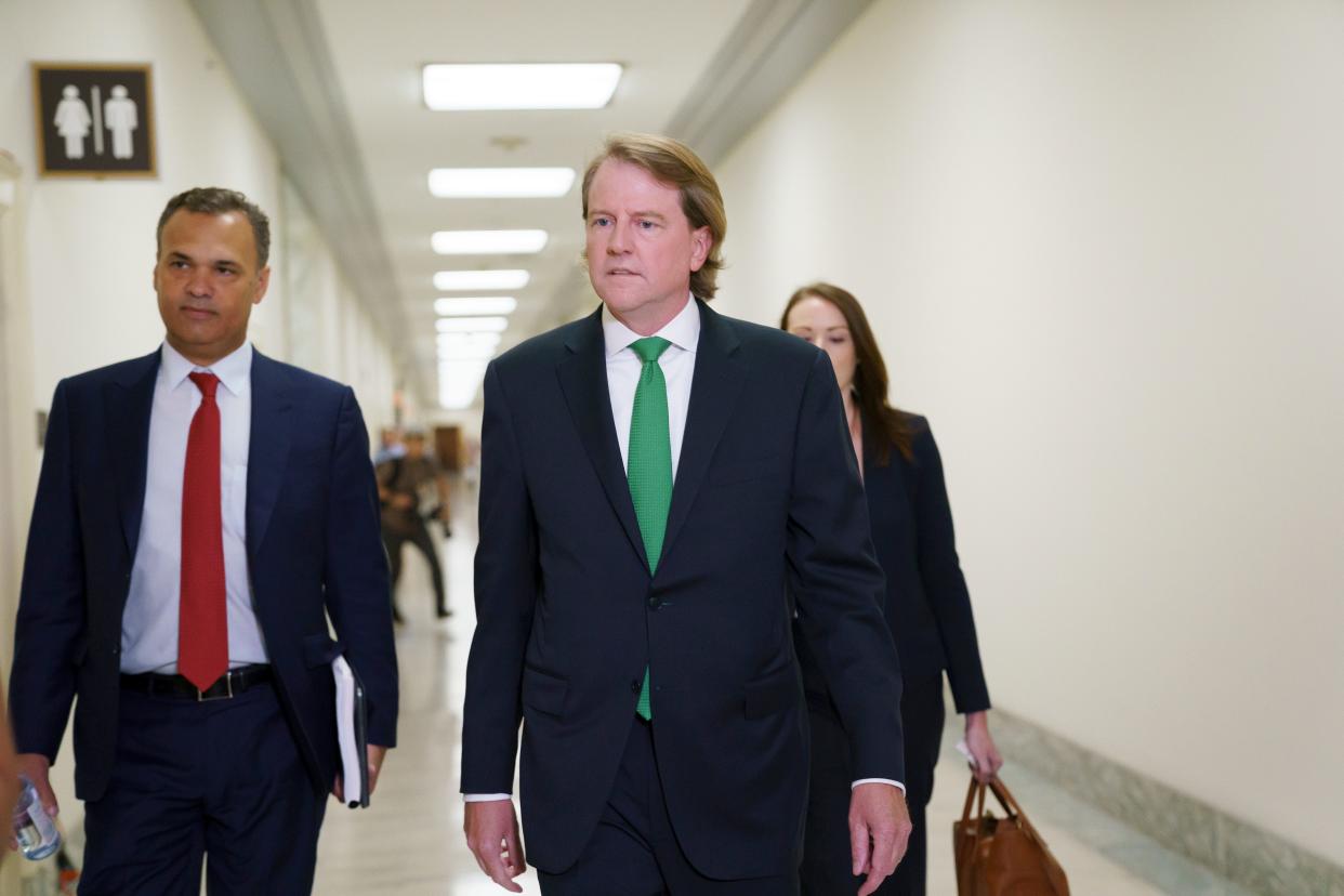 Former White House counsel Don McGahn arrives to answer questions behind closed doors from House Judiciary Committee investigators, two years after House Democrats originally sought his testimony as part of the probe into former President Donald Trump, on Capitol Hill in Washington on June 4, 2021.