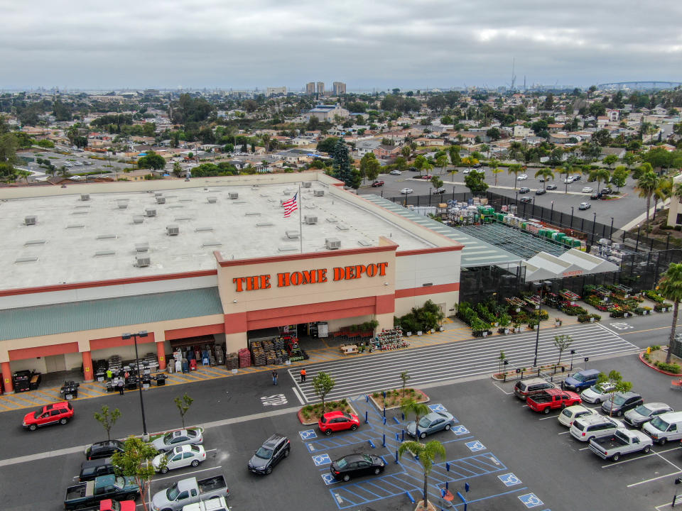 Aerial view of The Home Depot store and parking lot in San Diego, California, USA. Home Depot is the largest home improvement retailer and construction service in the US.