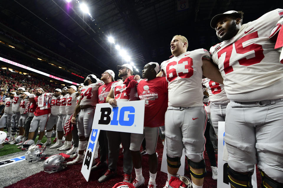 Ohio State Buckeyes celebrate after defeating the Wisconsin Badgers 34-21 in the 2019 Big Ten Championship Game at Lucas Oil Stadium. Credit: Thomas J. Russo-USA TODAY Sports