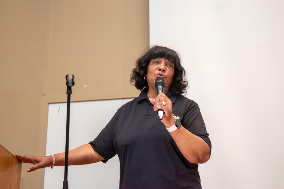 Cynthia Handy, ASPIRE program director, speaks to guests as Alabama State University hosted the ASU ASPIRE summer camp's showcase on Friday, June 23, 2023. 