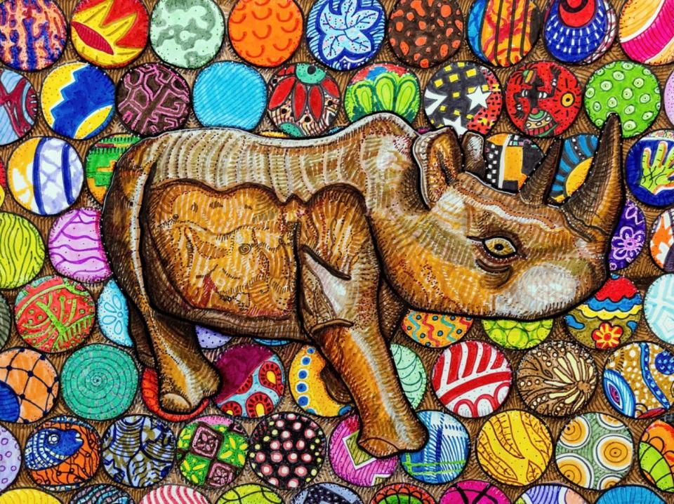“Here and There: Sacred Objects, Spirit Animals, and Symbols for Manifesting Creative Visualizations from Massachusetts to Malawi – Drawings by Kristen Palana” is on view through July 30 at the Narrows Center for the Arts. Pictured here is her piece, "Golden Rule Peaceful Rhino."