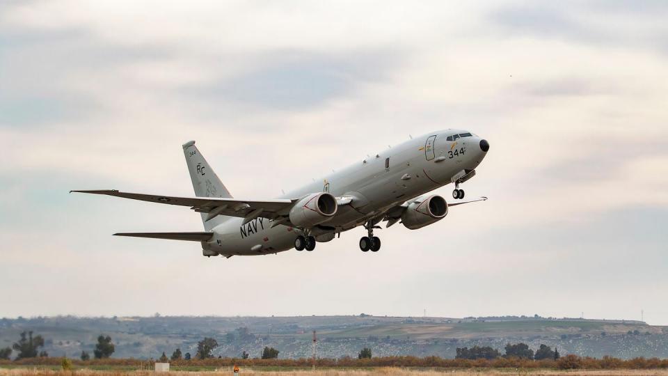 A P-8A Poseidon assigned to Patrol Squadron (VP) 46 takes off from the runway at Naval Air Station (NAS) Sigonella, Italy, Jan. 17, 2024.  (MC2 Jacquelin Frost/US Navy)