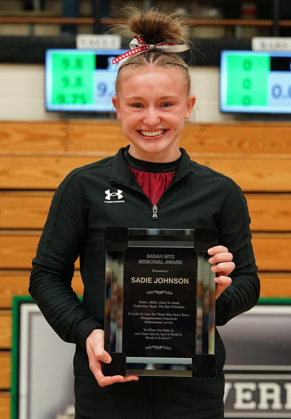 Estelline-Hendricks senior Sadie Johnson received the Sarah Nitz Memorial Award during the final day of the State High School Gymnastics Championships on Saturday, Feb. 10 at Pierre High School.