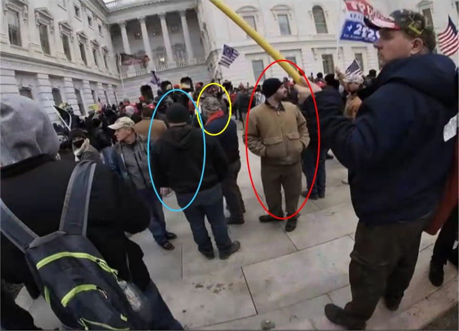 FBI investigation photos of Daniel Hatcher (circled in yellow) from the Jan. 6, 2021, riot at the U.S. Capitol.