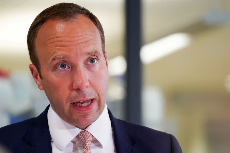 FILE PHOTO: Britain's Health Secretary Matt Hancock delivers a speech on the COVID-19 vaccine programme at the Jenner institute in Oxford