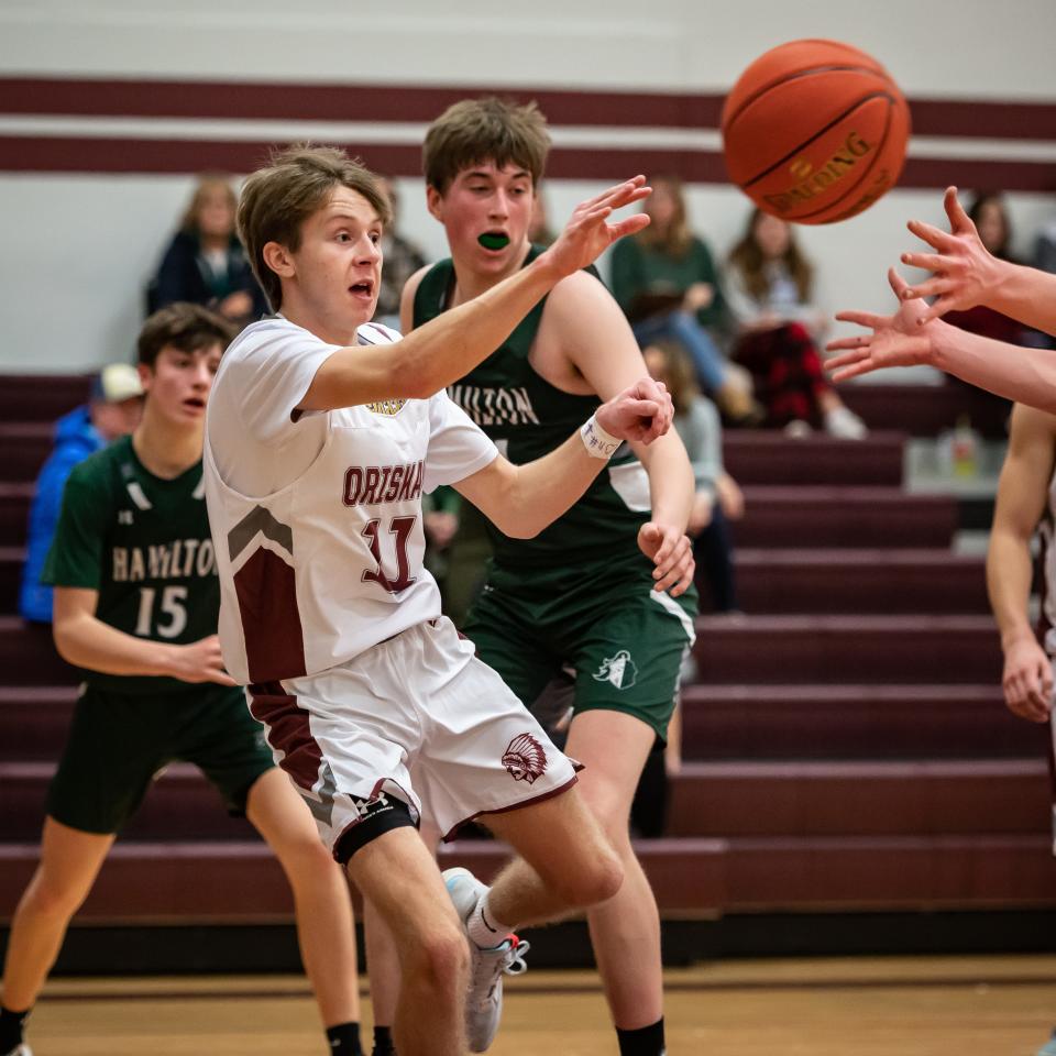 Oriskany's Jack Tamburino passes the ball during Saturday's game against Hamilton.