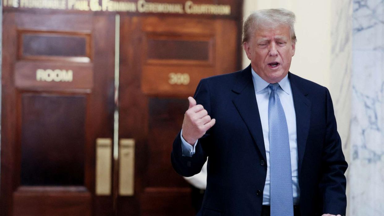 PHOTO: Former U.S. President Donald Trump delivers remarks after exiting the courtroom as he attends his Manhattan courthouse trial in a civil fraud case in New York, Oct. 18, 2023. (Brendan Mcdermid/Reuters)