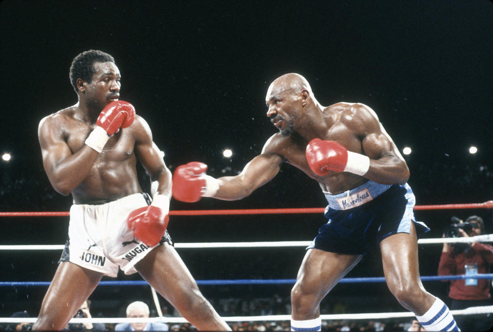 LAS VEGAS, NV - MARCH 10: John Mugabi and Marvin Hagler fight for the WBA, WBC and IBF Middleweight titles on March 10, 1986 at Caesars Palace in Las Vegas, Nevada. Hagler won the fight with an 11th round knock out. (Photo by Focus on Sport/Getty Images)