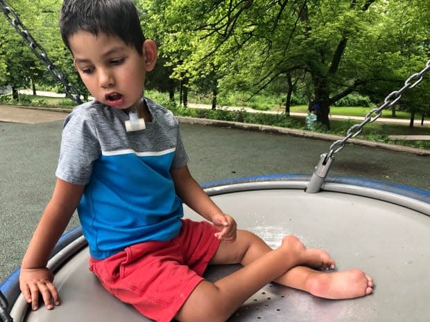 Four-year-old Cayden Dutta started junior kindergarten this year. His parents have been unable to find a nurse to attend class with him.  (Submitted by Tonya Martin - image credit)