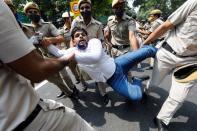 Protest against farm bills passed by India's parliament, in New Delhi
