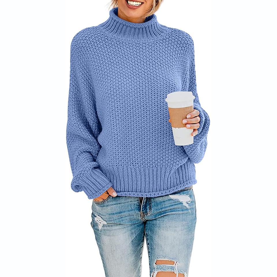 ZESICA Women's Turtleneck Batwing Sleeve Loose Oversized Chunky Knitted Pullover Sweater in Blue