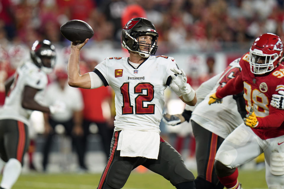 Tampa Bay Buccaneers quarterback Tom Brady (12) throws a pass during the second half of an NFL football game against the Kansas City Chiefs Sunday, Oct. 2, 2022, in Tampa, Fla. (AP Photo/Chris O'Meara)