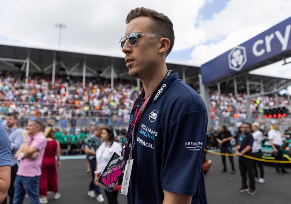 Miami Heat player Duncan Robinson walks along the grid before the start of the Formula One Miami Grand Prix at the Miami International Autodrome on Sunday, May 7, 2023, in Miami Gardens, Fla.