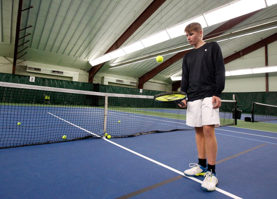 David Filer pauses during a practice session Monday, Jan. 16, 2023, at the South Bend Racquet Club.