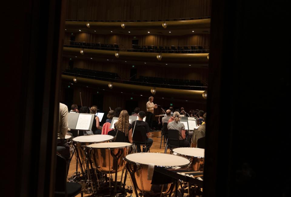 The stage doors close as Thierry Fischer, the music director of the Utah Symphony, begins rehearsal at Abravanel Hall in Salt Lake City on Thursday, May 25, 2023. Fischer concludes his 14 years with the symphony this weekend. | Laura Seitz, Deseret News