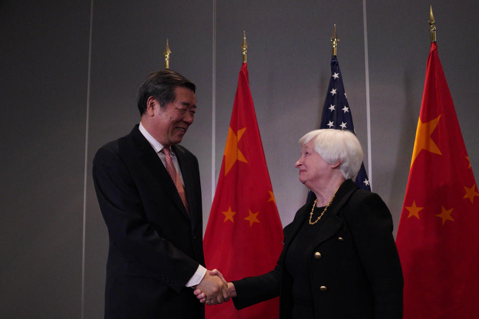 US Treasury Secretary Janet Yellen and China's Vice Premier He Lifeng shake hands at the start of their two-day meeting ahead of the Asia-Pacific Economic Cooperation (APEC), in San Francisco, California, on November 9, 2023. (Photo by Loren Elliott / AFP) (Photo by LOREN ELLIOTT/AFP via Getty Images)
