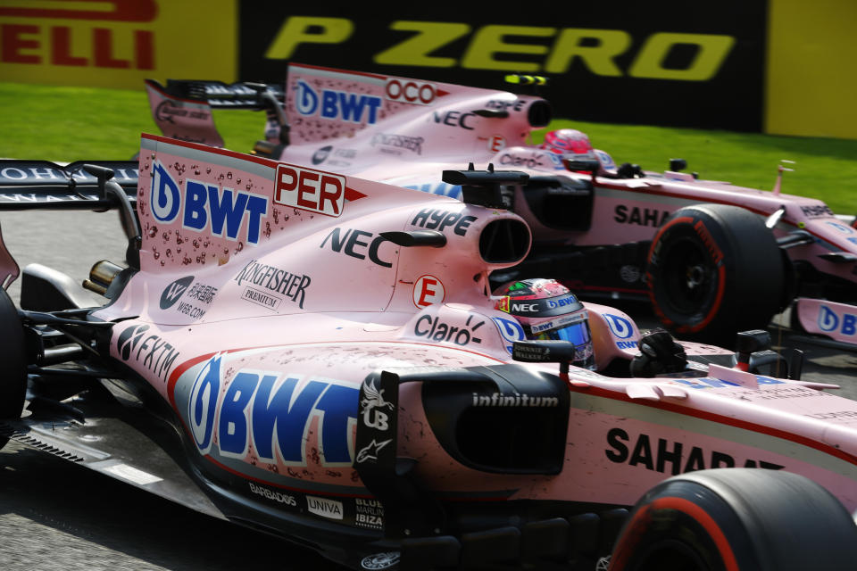 The warring Force Indias of Esteban Ocon and Sergio Perez, shortly before they came to grief at the 2017 Belgian Grand Prix