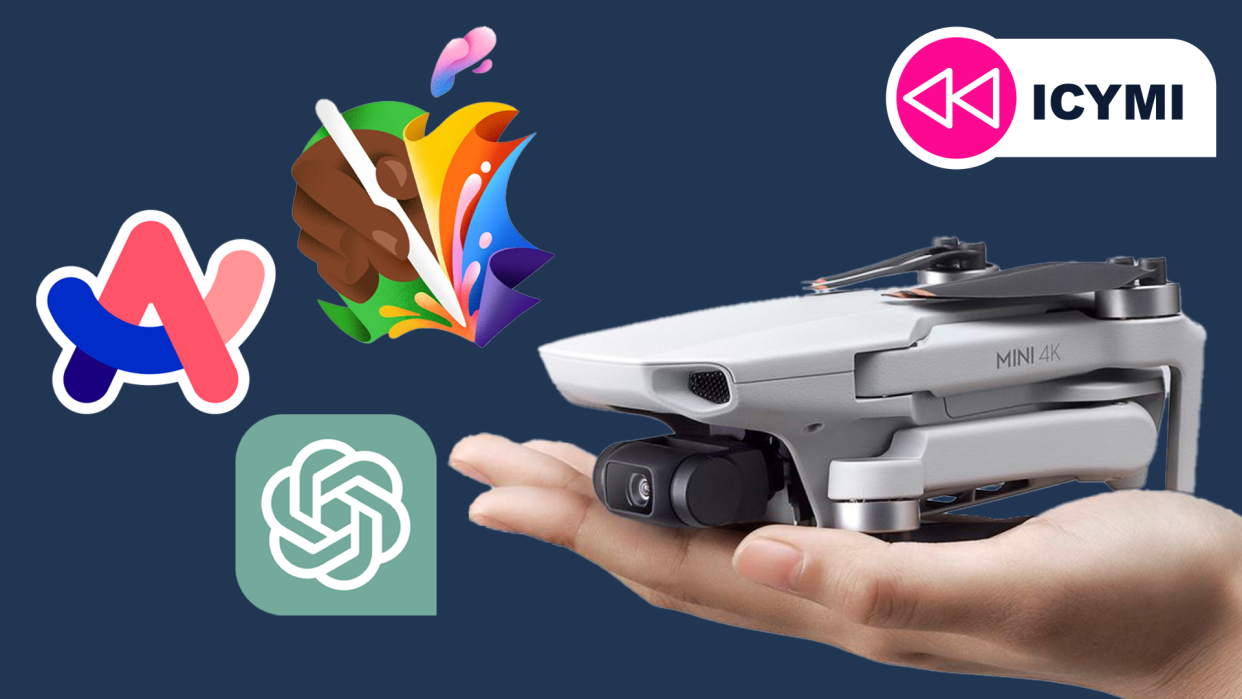  A DJI Drone on a person's palm surrounded by logos for Apple, ChatGPT and the Arc browser. 