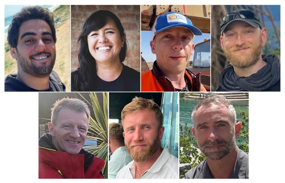 This combination of photos provided by World Central Kitchen/WCK.org, shows seven aid workers who were killed in Gaza Monday, April 1, 2024 (AP)