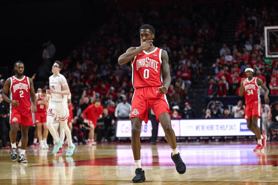 Mar 10, 2024; Piscataway, New Jersey, USA; Ohio State Buckeyes guard Scotty Middleton (0) reacts after making a basket against the Rutgers Scarlet Knights during the second half at Jersey Mike's Arena. Mandatory Credit: Vincent Carchietta-USA TODAY Sports